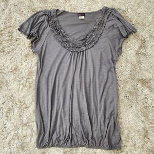 Agenda Short Flutter Sleeve‎ Gathered Trim Scoop Neck Top Gray Size XL